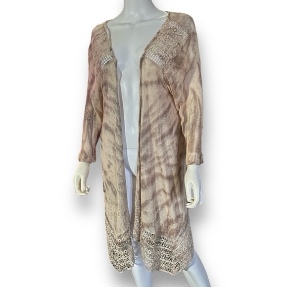 XCVI Boho Tie Dye Crochet Open Knit Long Cardigan Sweater Tan Beige Brown XL - Picture 1 of 7